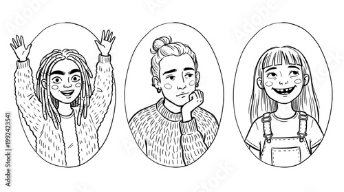 Hand-Drawn Line Art Portraits of Diverse Young People - Sketch Style Character Illustrations