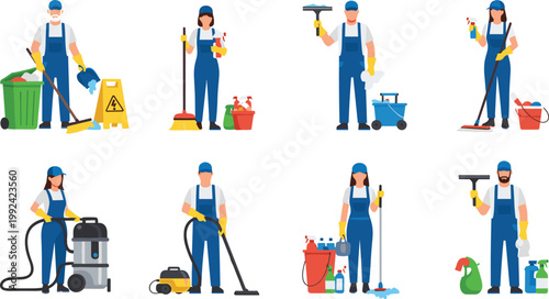 Professional cleaning service workers set with janitors mopping, vacuuming, window washing and sanitation tasks, housekeeping staff characters in flat vector illustration collection