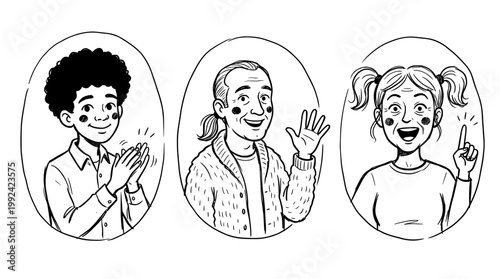 Hand-Drawn Happy People Portraits - Diverse Characters Smiling and Waving in Sketch Style