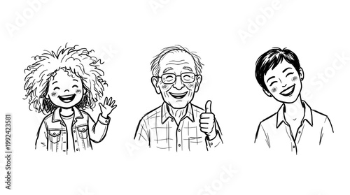 Hand-Drawn Line Art Portrait Illustrations of Three Smiling Diverse People with Happy Expressions