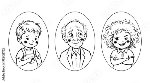 Hand-Drawn Portrait Illustrations of Three Smiling People - Diverse Characters in Sketch Style