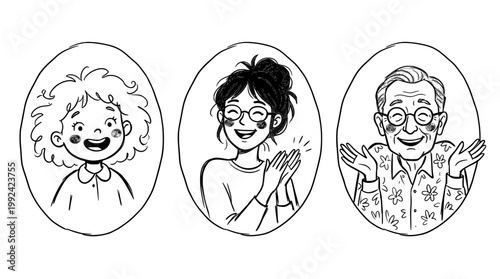 Hand-Drawn Portrait Illustrations of Three Diverse Happy People with Different Hairstyles and Expressions