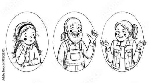 Hand-Drawn Sketch of Three Happy People Expressing Joy and Positive Emotions