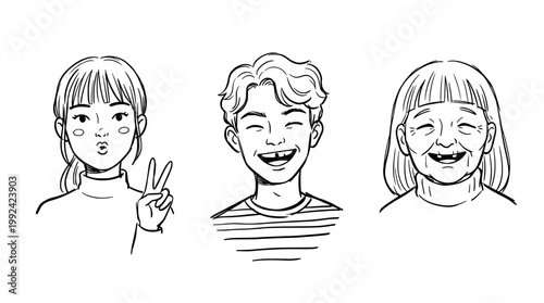 Happy Children Faces Hand-Drawn Line Art Portrait Illustration with Joyful Expressions and Positive Emotions