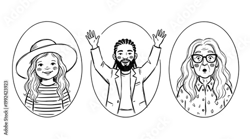 Hand-Drawn Portrait Illustrations of Diverse Women with Different Styles and Expressions