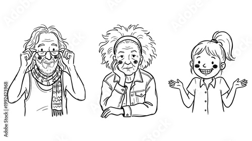 Hand-Drawn Line Art Portrait Set of Happy Diverse Characters - Cheerful Family Illustration