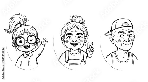 Hand-Drawn Line Art Portrait Illustrations of Diverse Happy People with Different Styles and Expressions