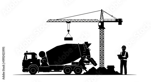 Construction site with cement mixer and crane.