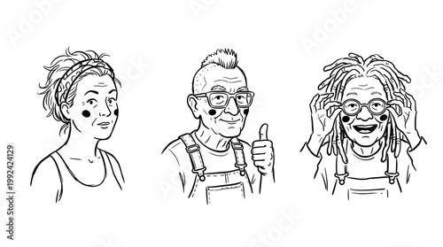 Hand-Drawn Line Art Portrait Set of Three Happy, Diverse Characters with Cheerful Expressions