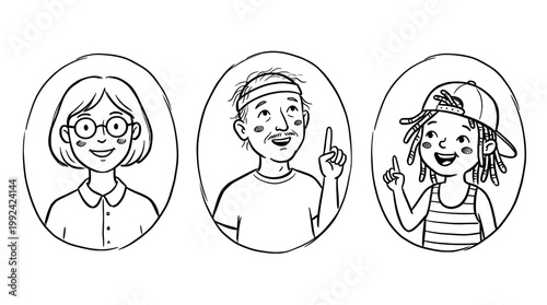 Hand-Drawn Line Art Portrait Illustrations of Three Diverse Happy Children with Different Styles and Expressions