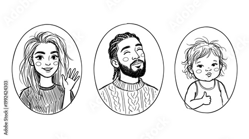 Hand-Drawn Portrait Illustration of Diverse Family Members - Sketch Style Line Art