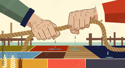 Two hands pulling a rope in a tug of war, symbolizing conflict, competition, and struggle between two opposing sides.