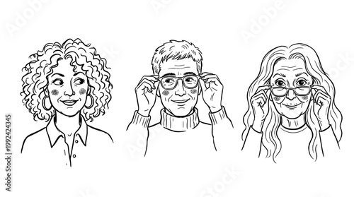 Hand-Drawn Portrait Illustrations of Three Diverse Adults with Different Hairstyles and Eyewear Styles