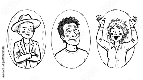 Hand-Drawn Portrait Illustrations of Diverse People with Different Expressions and Styles