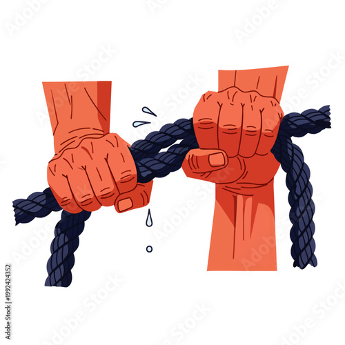 Close-up of two hands struggling to hold onto a thick rope, symbolizing effort, tension, and perseverance.