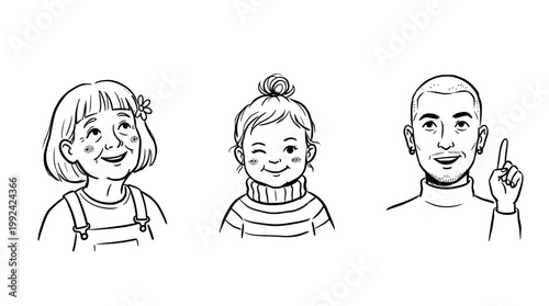 Hand-Drawn Portrait Illustrations of Diverse Smiling People with Sketch Style Line Art