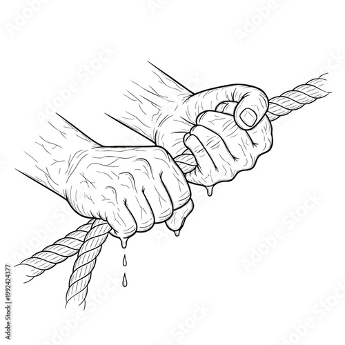 Close-up of sweaty hands gripping a thick rope tightly, showing determination and strength