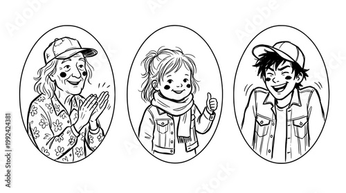 Hand-Drawn Line Art Portraits of Three Happy Smiling People in Casual Clothing and Hats