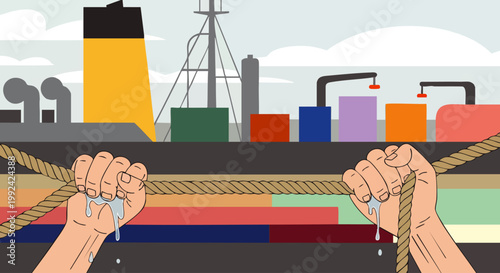 Hands pulling a heavy rope on a cargo ship, symbolizing hard work and the shipping industry