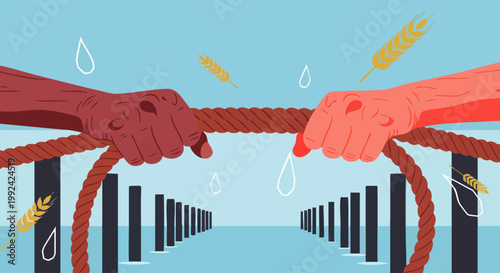 Two hands, one dark-skinned and one light-skinned, pulling a rope in a tug-of-war, symbolizing conflict and struggle.