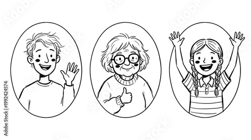 Happy Family Portrait - Hand-Drawn Line Art Illustration of Three Smiling People in Oval Frames