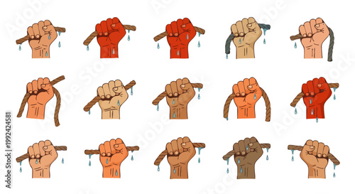 Diverse hands squeezing a stick or rope for a single drop of water, symbolizing resource scarcity, effort, and the preciousness of water.