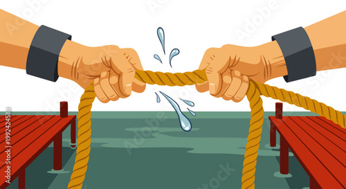Illustration of a fierce tug-of-war contest with two hands pulling a fraying rope, symbolizing intense business competition, conflict, and challenging struggle.