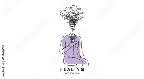 Mindfulness meditation, healing illustration, self-care vector, purple silhouette