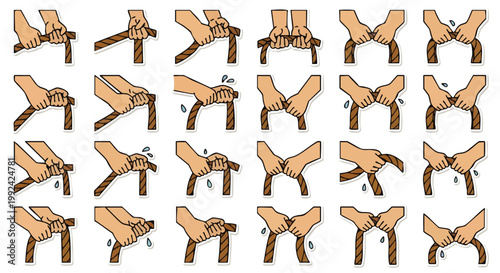 Step-by-step illustration of tying a knot with rope, showing hand gestures and rope manipulation for different knot types.