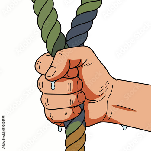 Close-up of a sweaty hand tightly gripping a thick, colorful rope, symbolizing struggle, effort, and determination