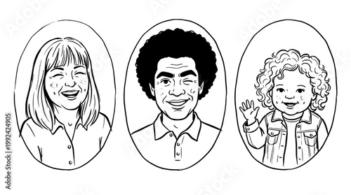 Hand-Drawn Portrait Illustrations of Diverse Smiling People with Different Hairstyles