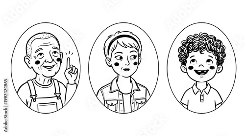 Hand-Drawn Portrait Illustrations of Three Diverse People - Sketch Style Line Art Characters