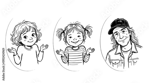 Hand-Drawn Line Art Portrait of Three Happy Children with Different Hairstyles and Expressions