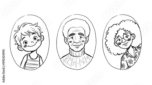 Hand-Drawn Portrait Illustrations of Diverse Smiling People - Line Art Character Sketches