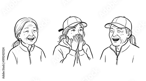 Hand-Drawn Line Art Illustration of Three Happy People with Different Emotions and Expressions