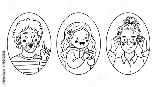 Hand-Drawn Diverse Group Portrait - Happy People Characters in Line Art Style