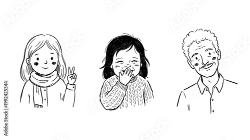Hand-Drawn Line Art Portraits of Three People Expressing Different Emotions and Gestures