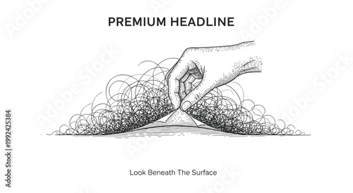 Hand, finger, peeling back surface, abstract scribbles, black and white vector illustration