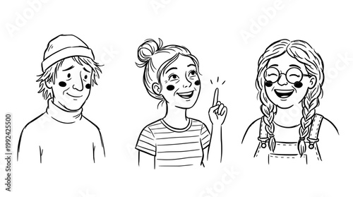 Hand-Drawn Diverse Young People Portraits - Cheerful Smiling Faces Line Art Illustration