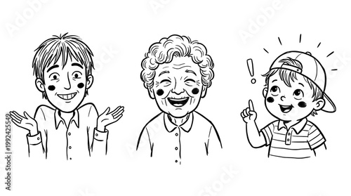 Hand-Drawn Happy Family Portraits - Cheerful Children and Elderly Woman Line Art Illustration