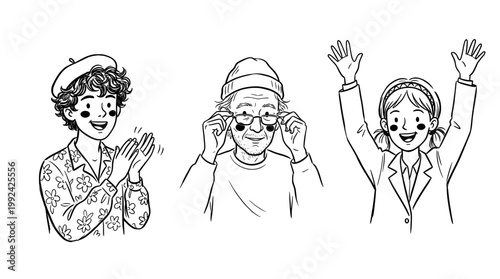 Happy People Celebrating with Cheerful Expressions - Hand-Drawn Line Art Illustration of Joy and Positivity