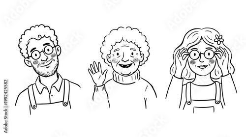 Hand-Drawn Line Art Portrait Set of Diverse Happy People with Curly and Wavy Hair Smiling