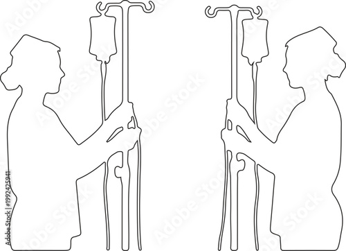 Nurse Silhouette Line Art Illustration with IV Drip Pole and Saline Bag