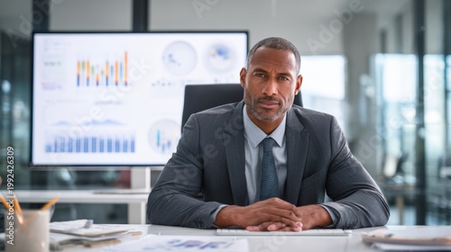 Chief financial officer reviews analytics data at executive desk in modern office setting