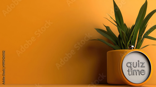 Quiz word rendered in 3D with a glowing neon outline and metallic grey letters, casting a reflection on a warm gradient background, symbolizing an engaging test or a fun trivia event