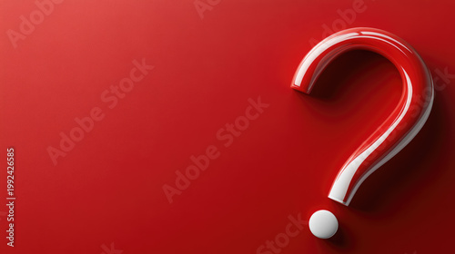 Red glossy question mark standing on a surface with copy space, representing a concept of question, answer, quiz, doubt, solution, or inquiry