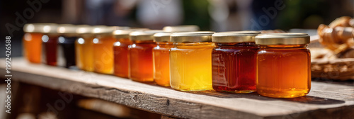 Jars of artisanal honey and homemade preserves displayed on a wooden table, offering a taste of local produce at a farmers market promoting sustainable and fresh food options