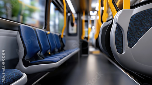 Modern public transport interior featuring rows of empty blue seats, showcasing a clean, accessible, and inclusive environment for urban travel and city commuting