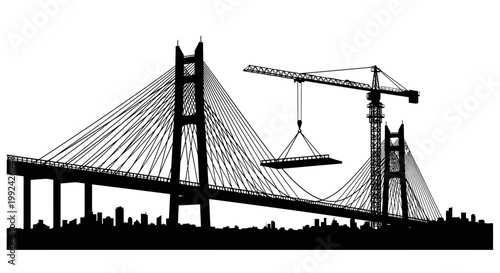 Cable-stayed bridge construction with crane.