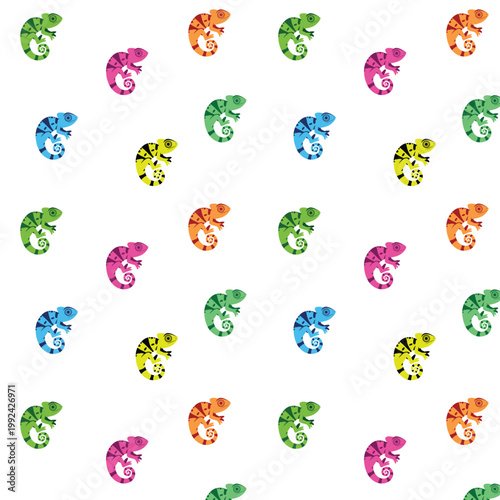 Seamless Pattern with Colorful Chameleon Vector Illustrations on White Background